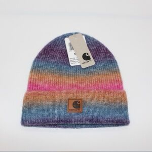 Rainbow knit Carhartt Beanie with Leather Patch NWT and Bag